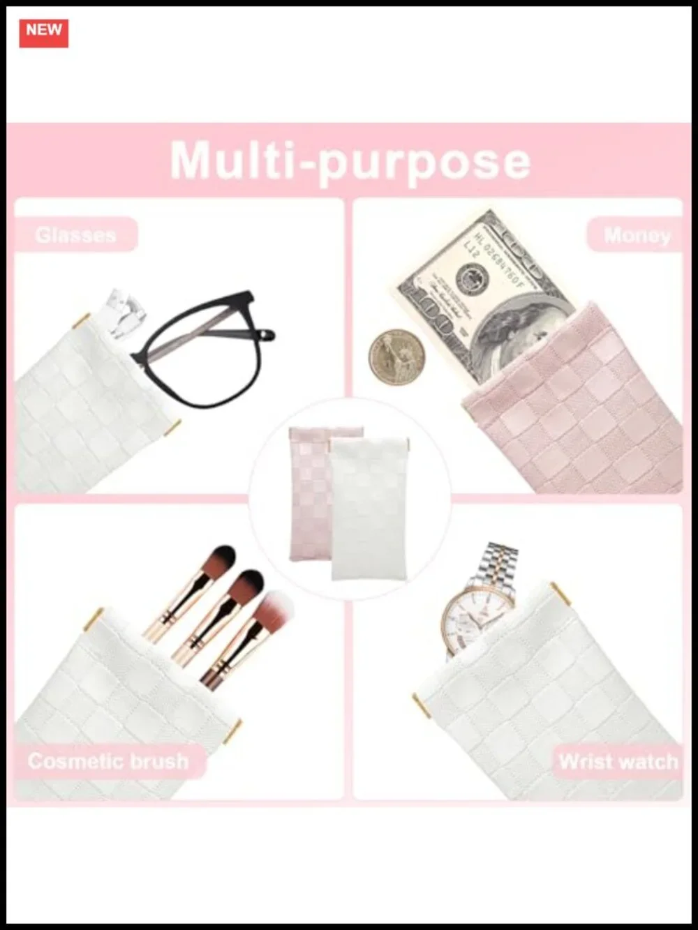 Waterproof Leather Checkered Cosmetic Bags for Women Set of 4 No Zipper